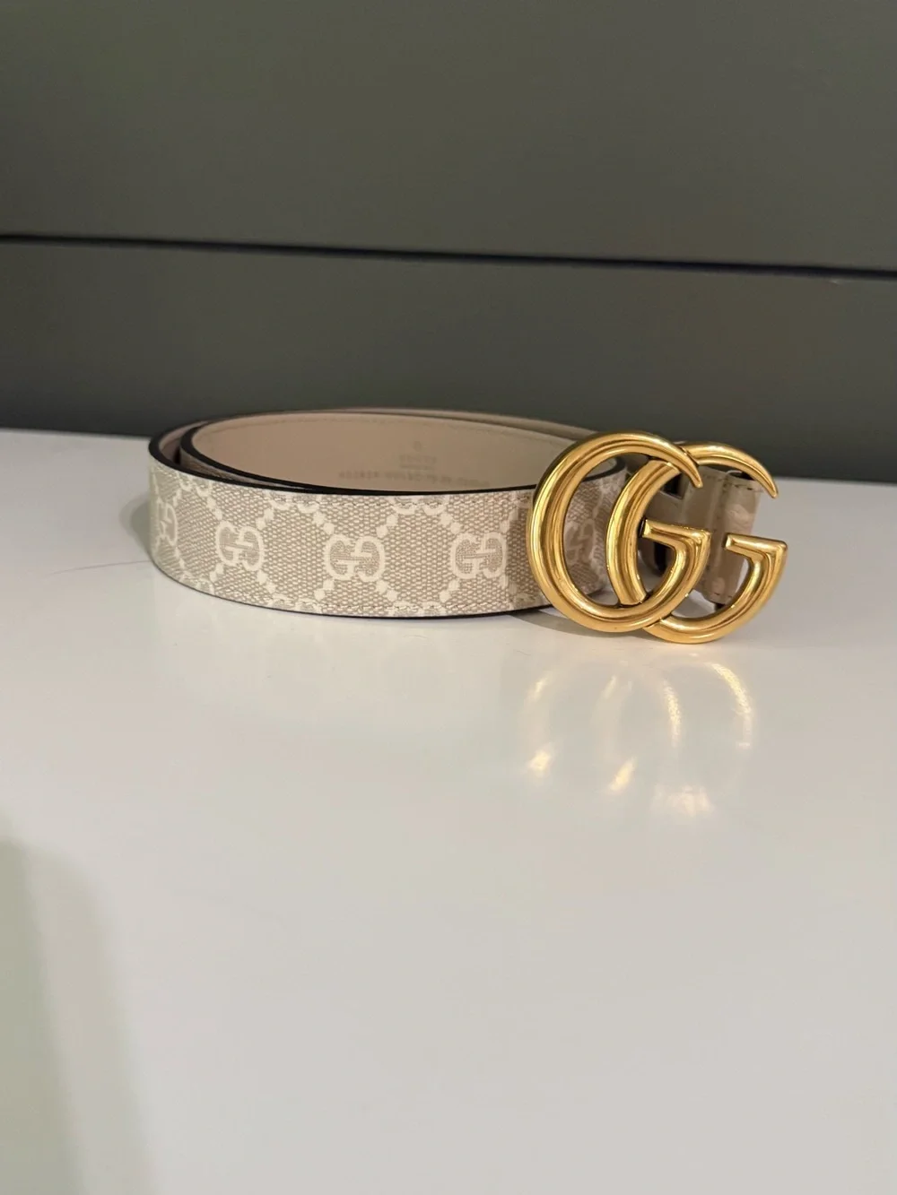 Gucci Beige GG Canvas Belt with Gold Double G Buckle